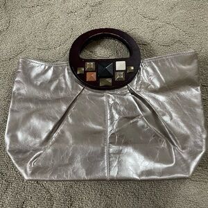 Leather Gunmetal wood embellished handle Alfani Leather handbag